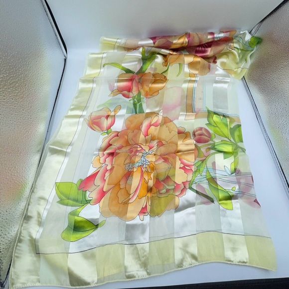 Silk Square Scarf Women 37 x 37 Inches Shawl Wrap floral Yellow - Picture 2 of 11